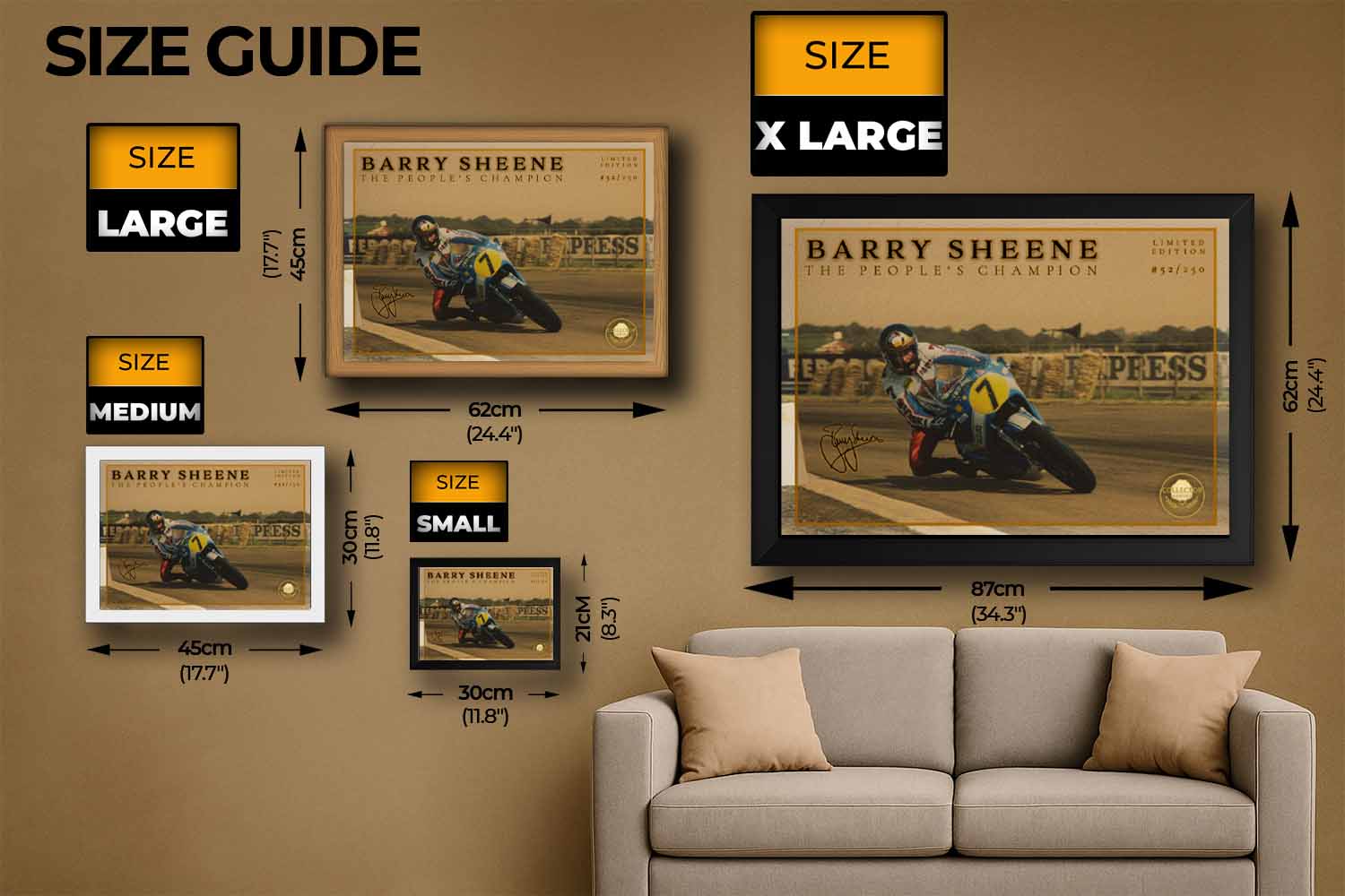 Barry Sheene framed sports art sizing guide showing small to XL print options—perfect wall art for collectors and vintage motorsport fans.
