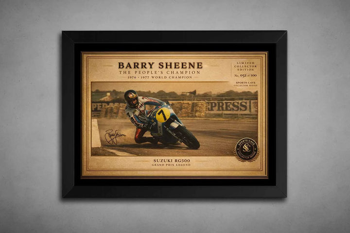 Barry Sheene Suzuki RG500 artwork in sleek black frame, vintage racing scene captured as premium sports wall art