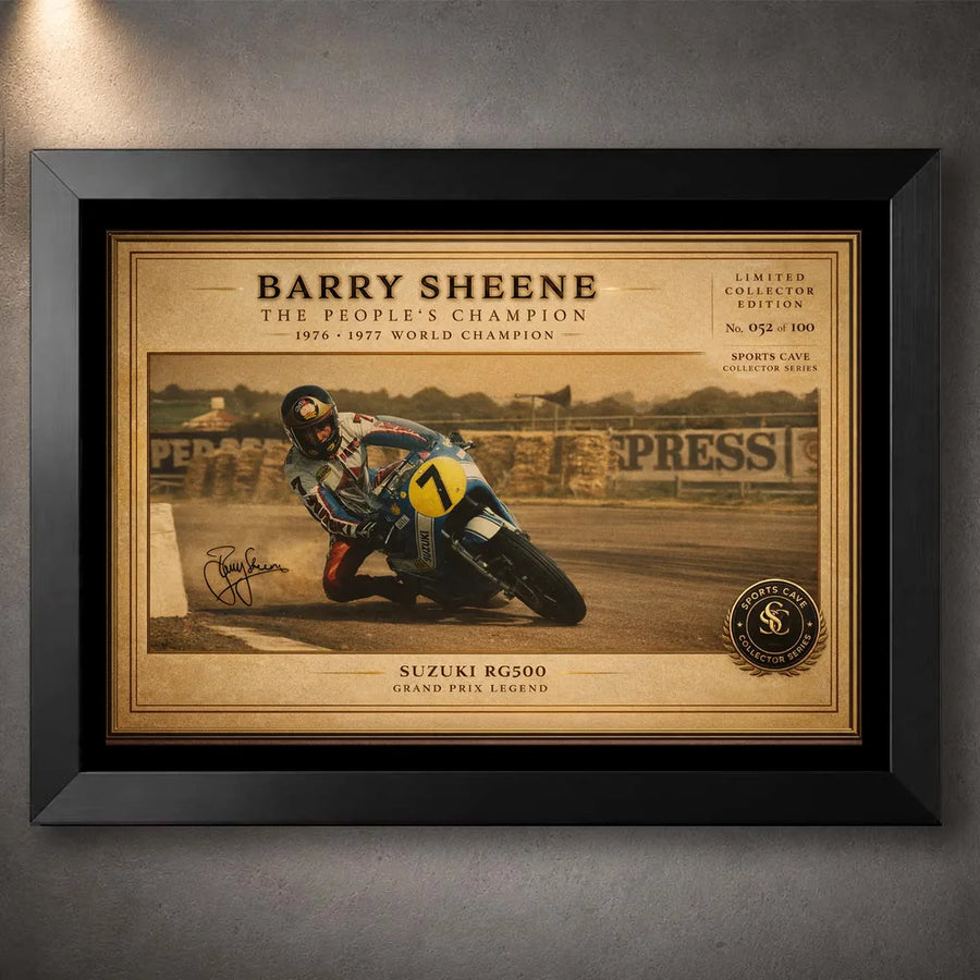 Black framed Barry Sheene Suzuki RG500 wall art celebrating the People's Champion for vintage motorsport fans.