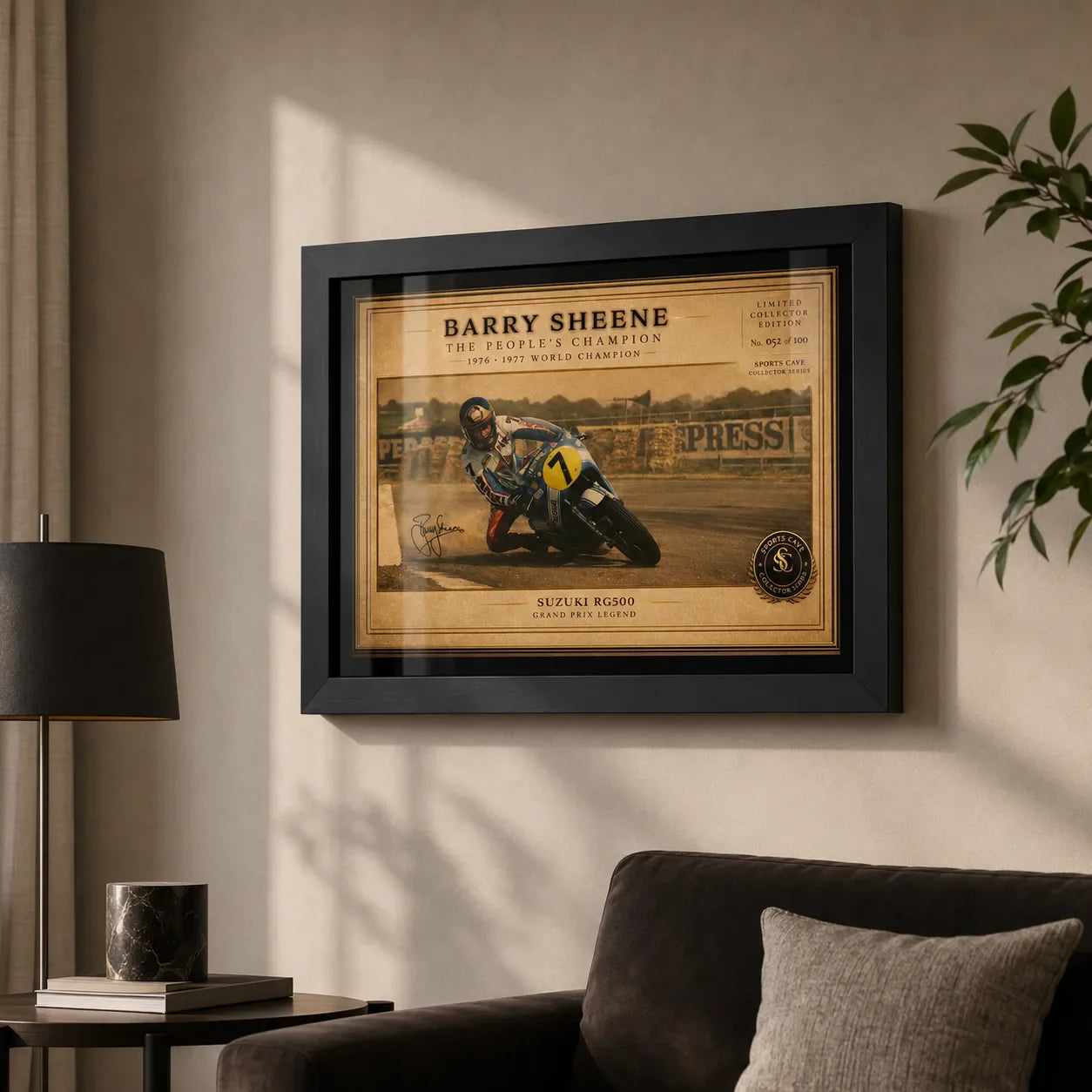 Barry Sheene Suzuki RG500 framed art displayed in a warm living room for lifelong motorsport fans worldwide.