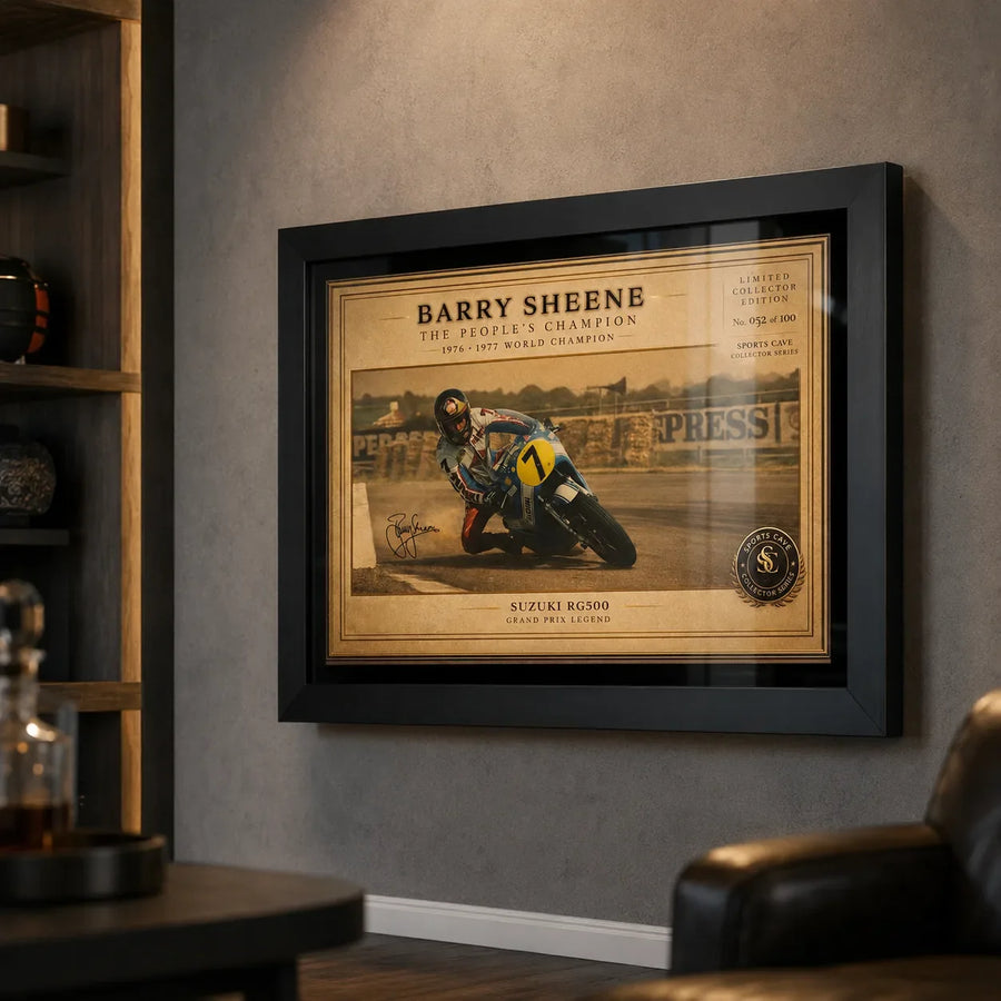 Barry Sheene framed sports wall art styled in a dark man cave for fans of raw 1970s motorcycle racing history.