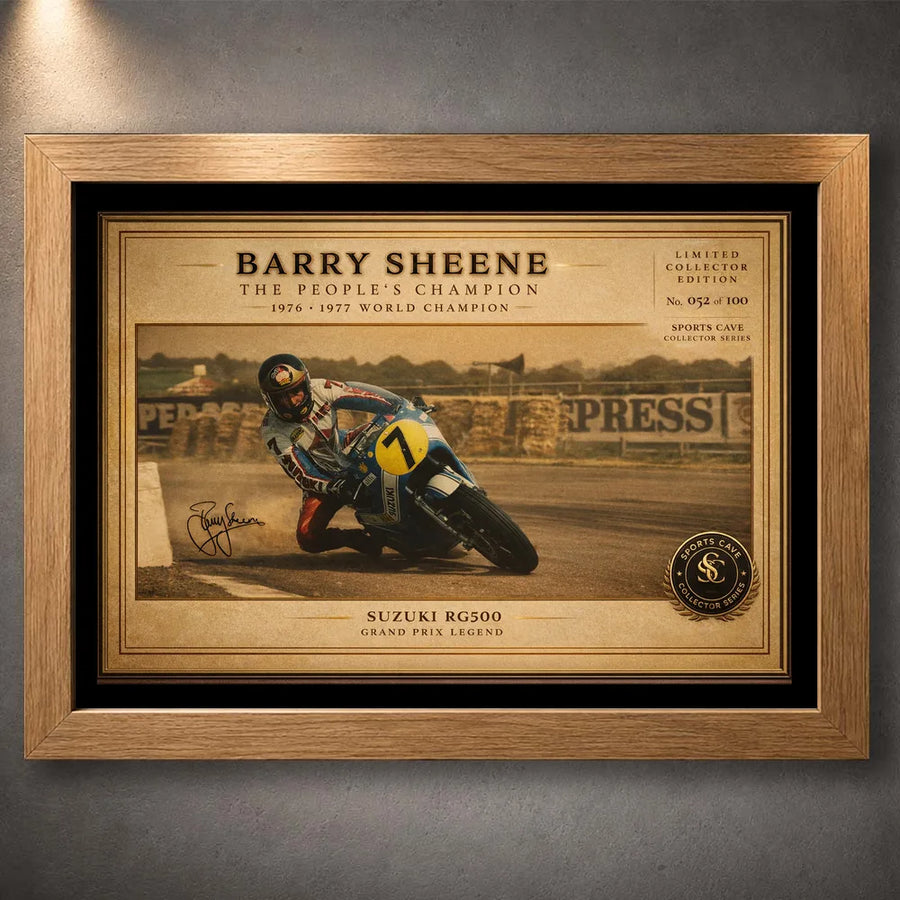 Oak framed Barry Sheene Suzuki RG500 wall art with warm vintage tones for classic motorcycle racing fans.