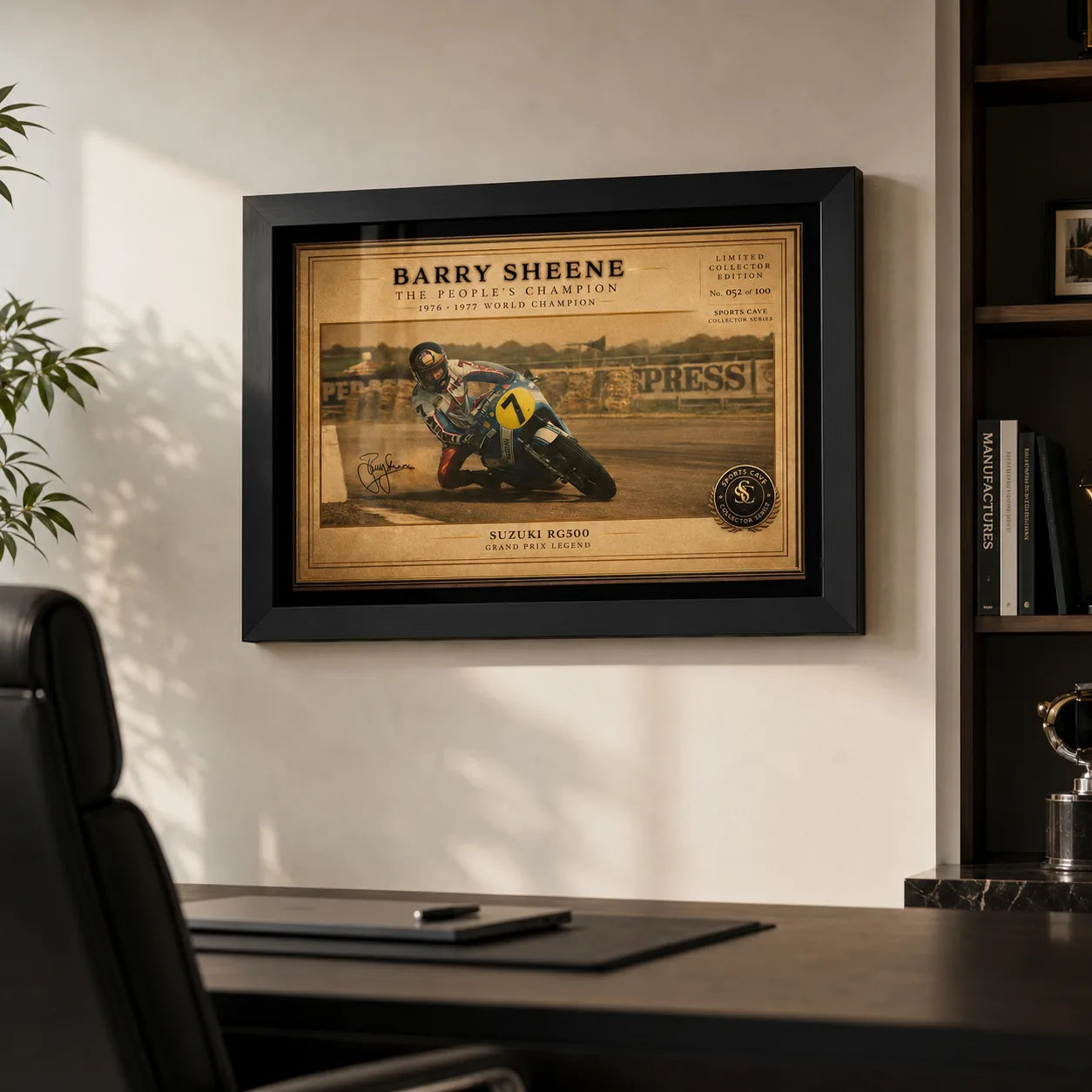 Barry Sheene Suzuki RG500 wall art displayed in a premium office for vintage motorsport fans.