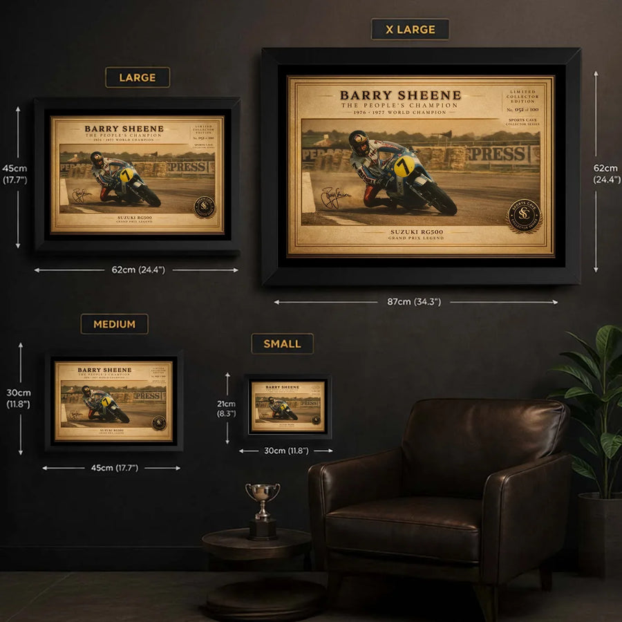 Barry Sheene wall art size guide showing framed options for limited edition motorcycle racing fans.