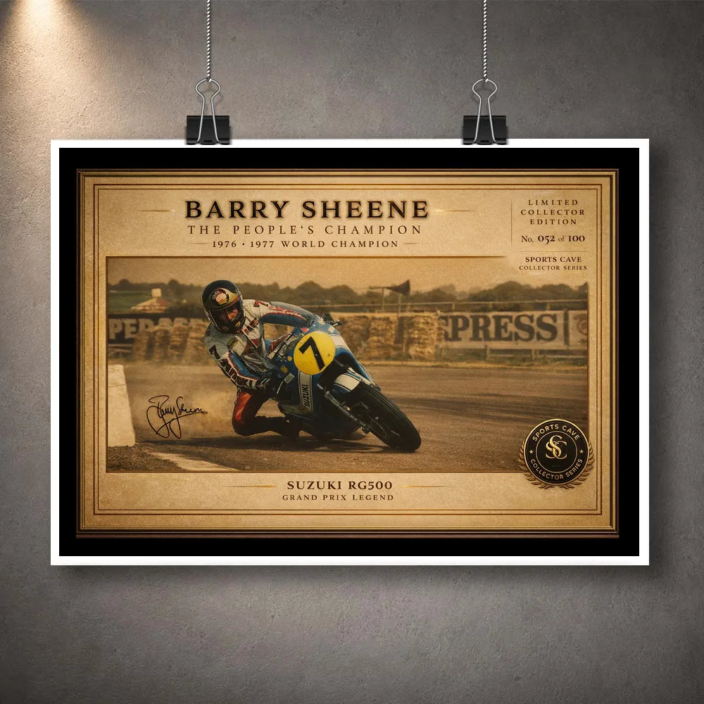 Unframed Barry Sheene Suzuki RG500 sports art print celebrating the fearless 1970s motorcycle racing era for fans.