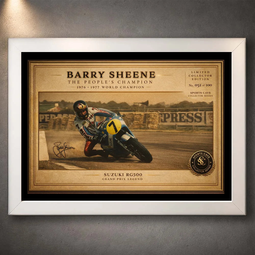 White framed Barry Sheene motorcycle racing wall art celebrating the People's Champion in a clean collector frame.