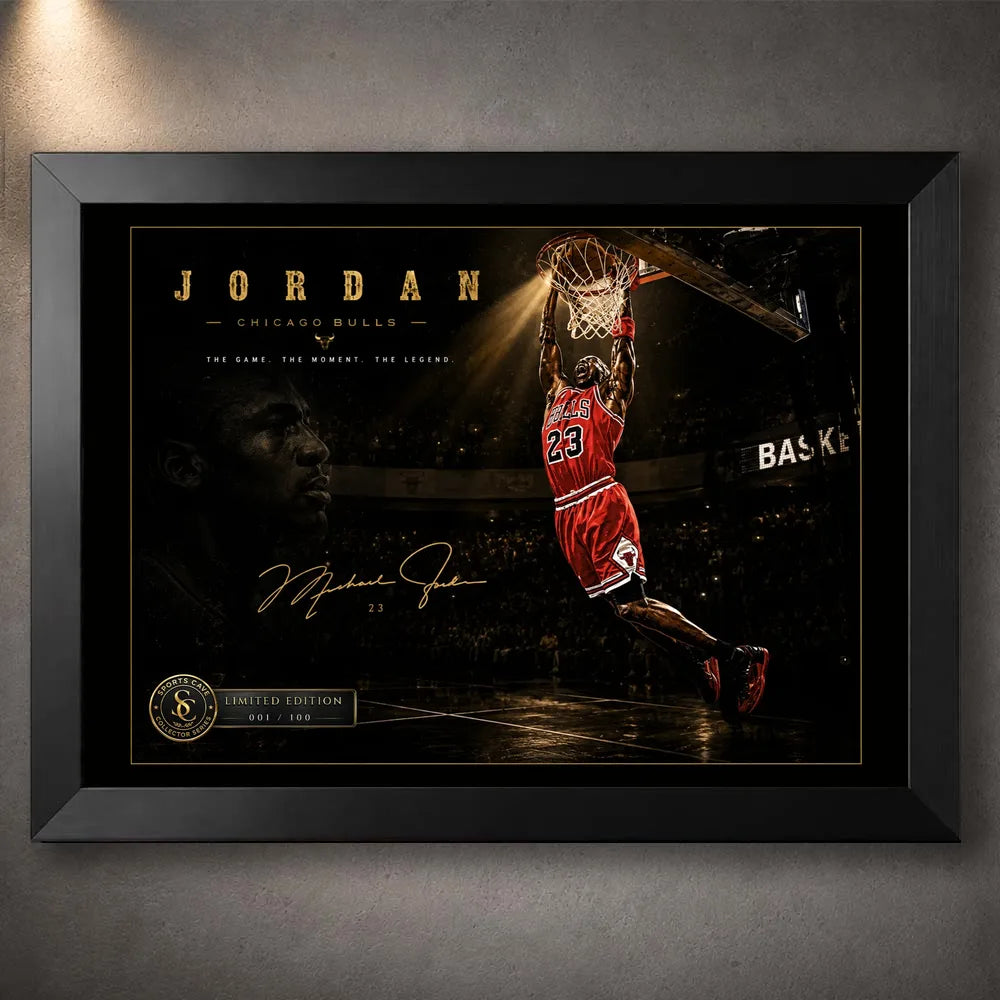Basketball dunk artwork in a black frame on a dark arena background.