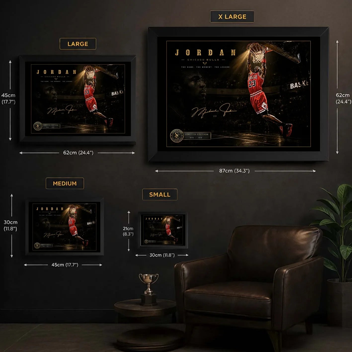 Basketball dunk wall art size guide showing small, medium, large, and extra large framed options.