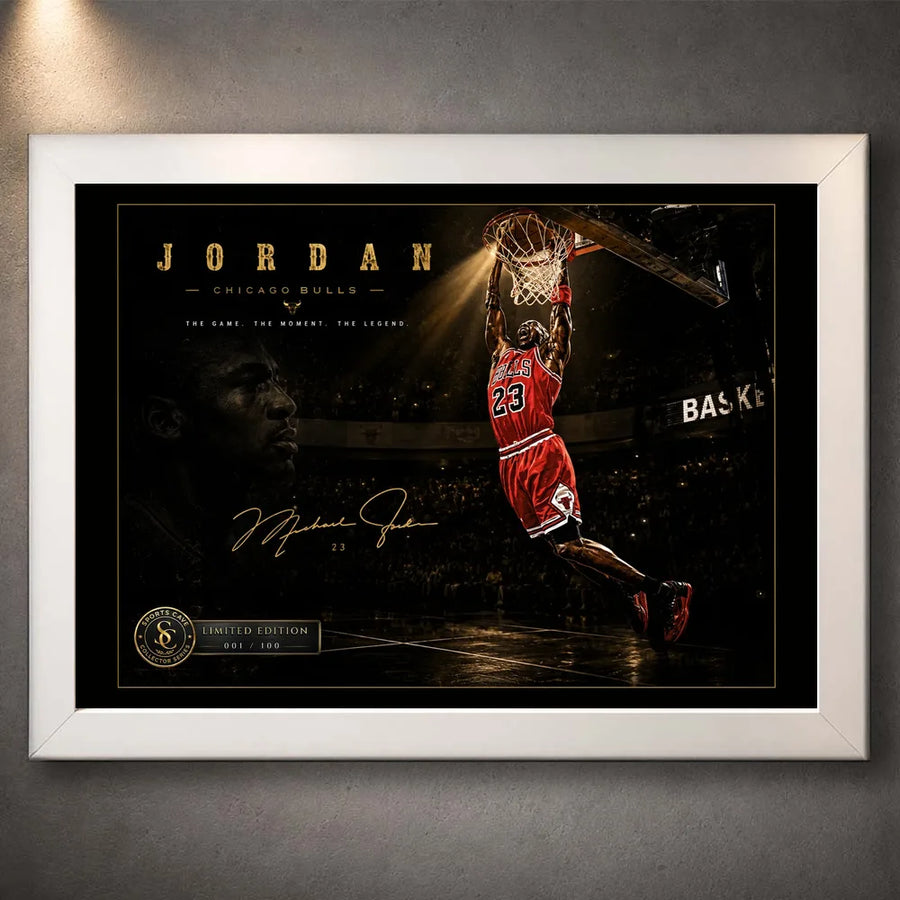Basketball dunk wall art shown in a white frame against a dark arena scene.
