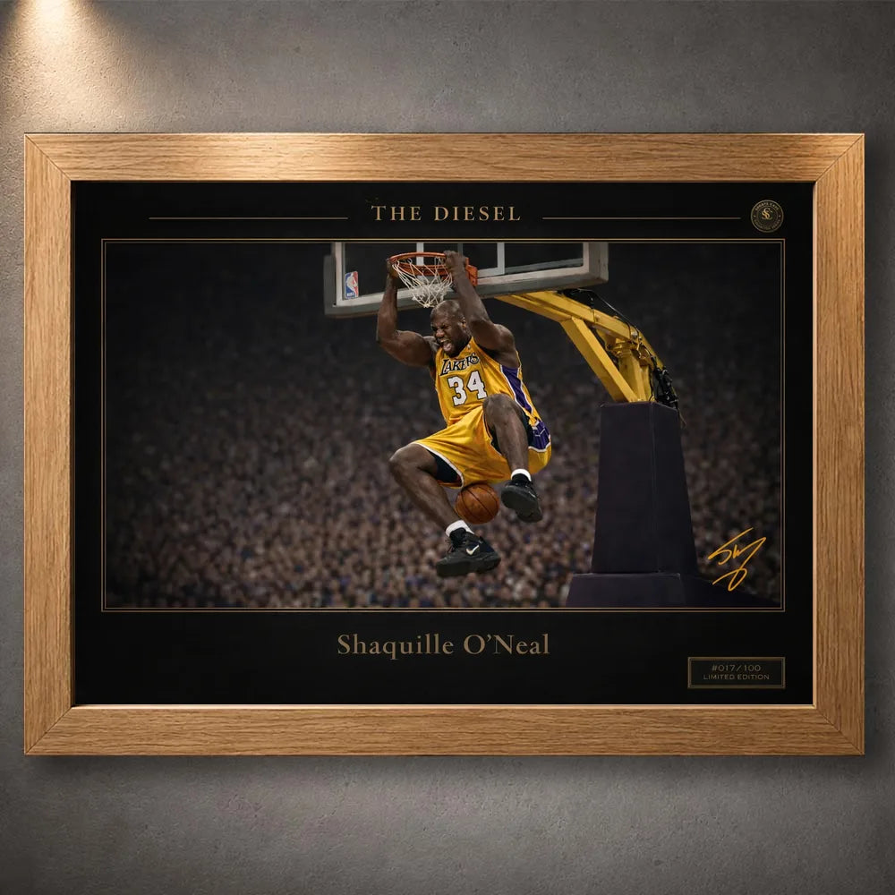 Oak framed basketball artwork shown on a textured grey wall with black and gold design details