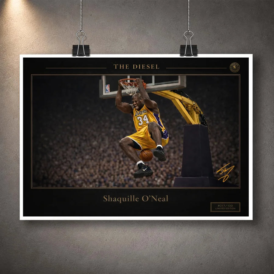 Unframed basketball print hanging with clips against a textured grey wall