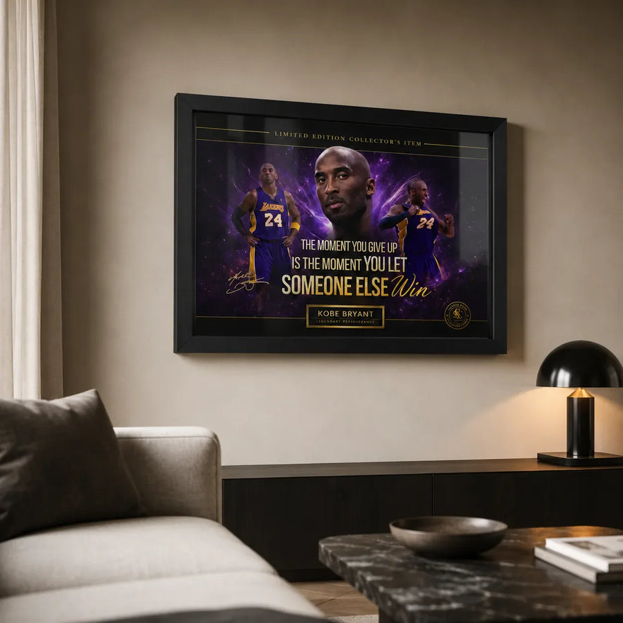 Kobe Bryant framed basketball artwork displayed in a warm living room with soft lighting and a black frame.