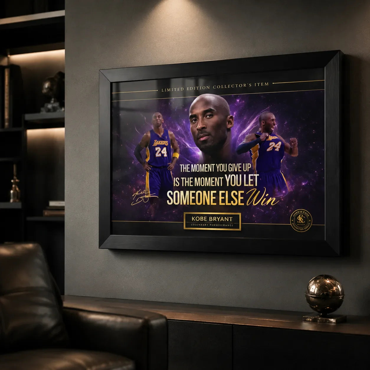 Kobe Bryant framed basketball wall art shown in a dark premium man cave with black leather seating.