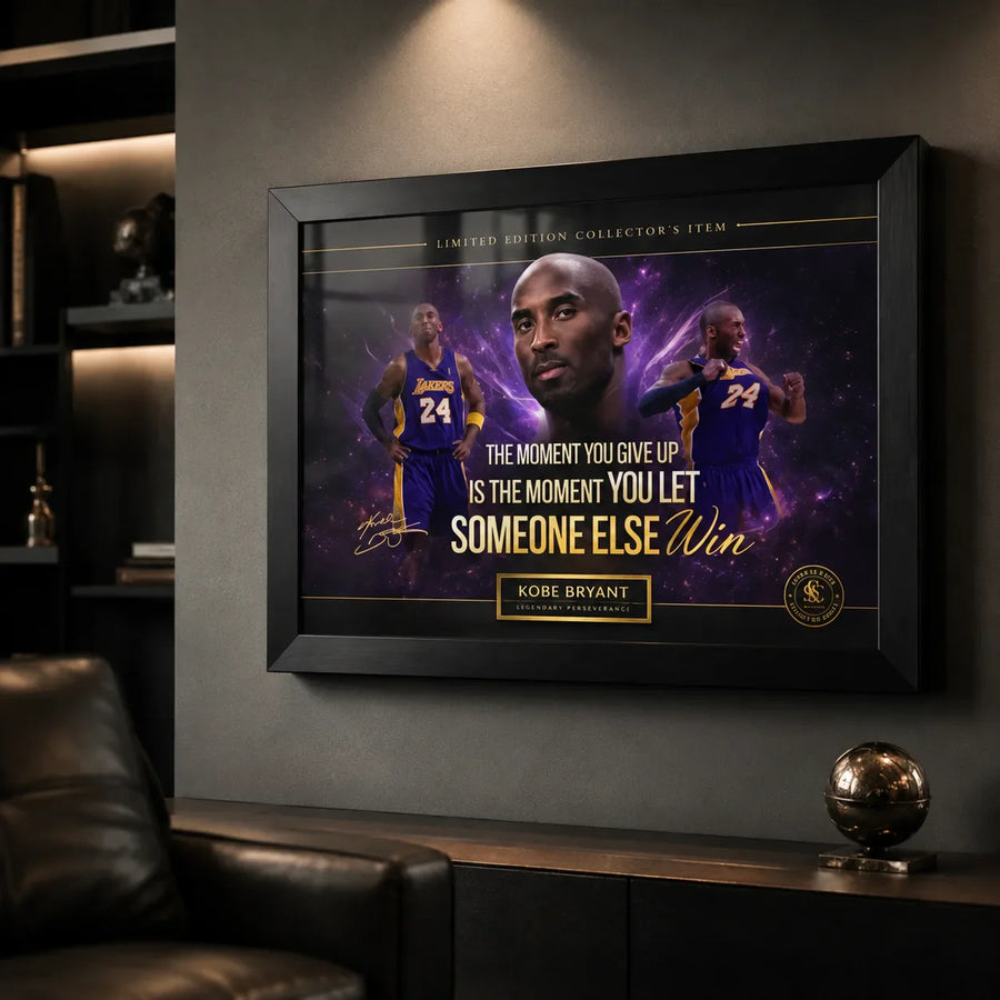 Kobe Bryant framed basketball wall art shown in a dark premium man cave with black leather seating.