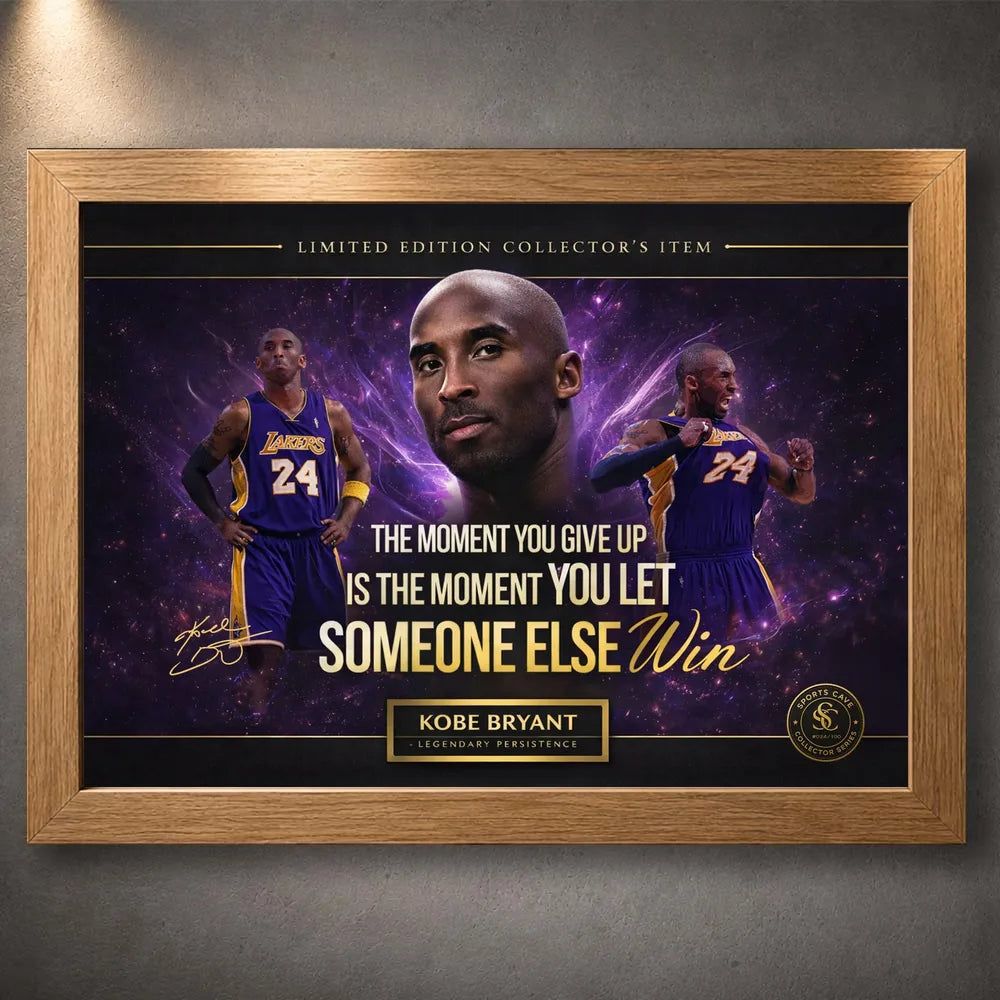 Oak framed Kobe Bryant basketball artwork on a concrete wall, showing the warm timber frame option.