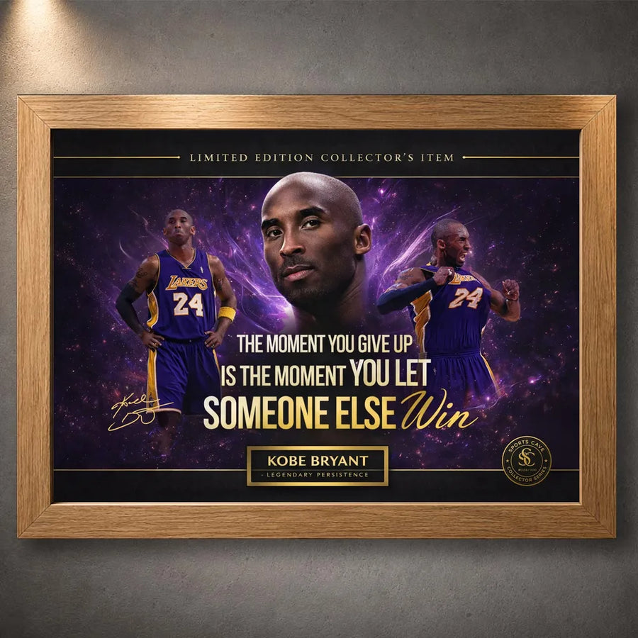 Oak framed Kobe Bryant basketball artwork on a concrete wall, showing the warm timber frame option.