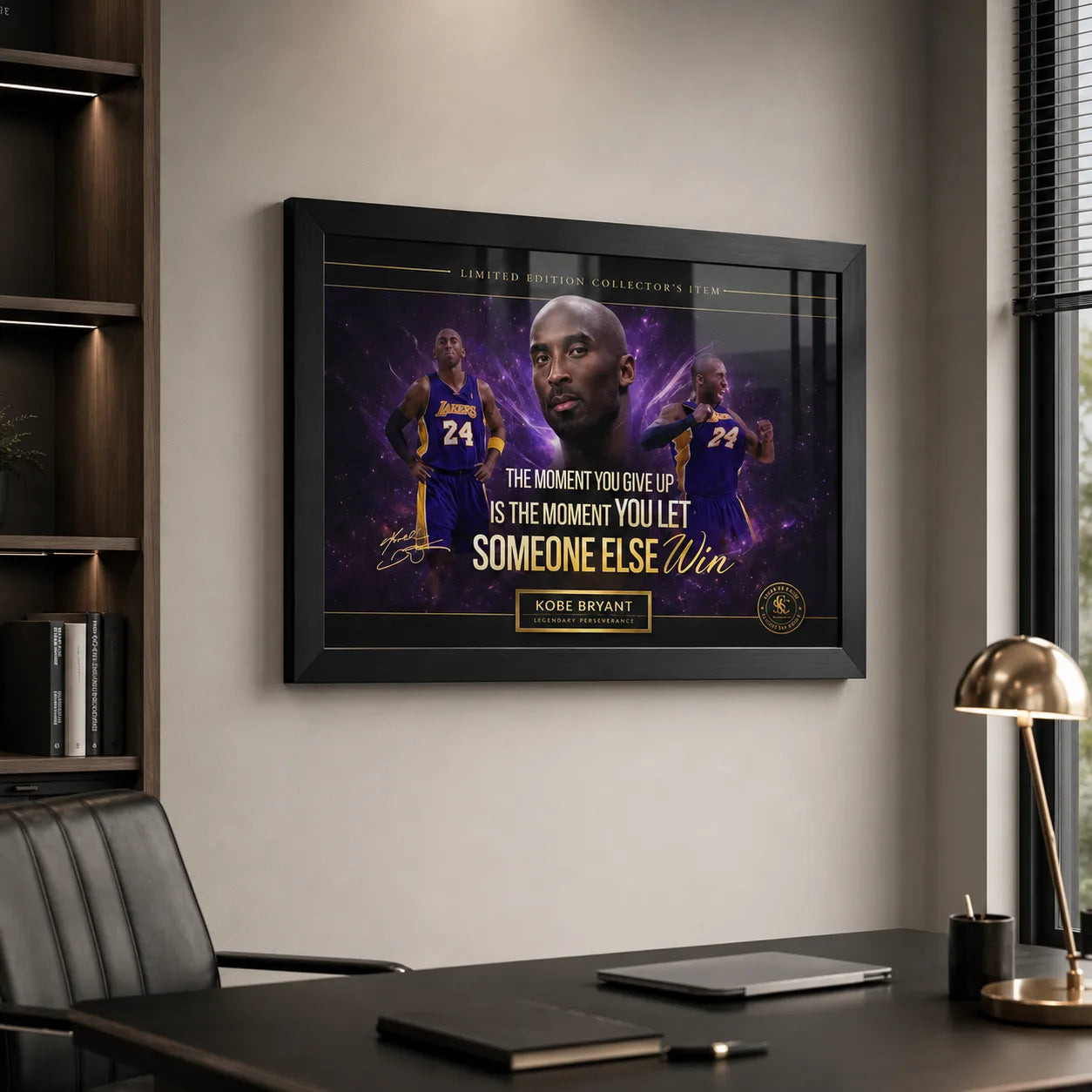 Kobe Bryant framed NBA wall art displayed in a refined office with desk, shelves, and black frame.