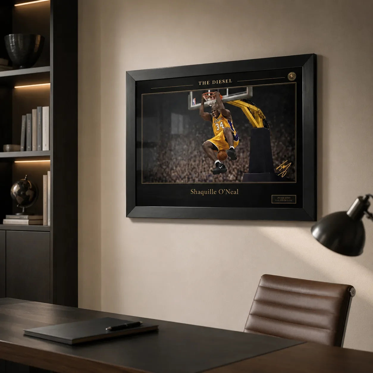 Black framed basketball wall art displayed above a modern office desk with warm shelving