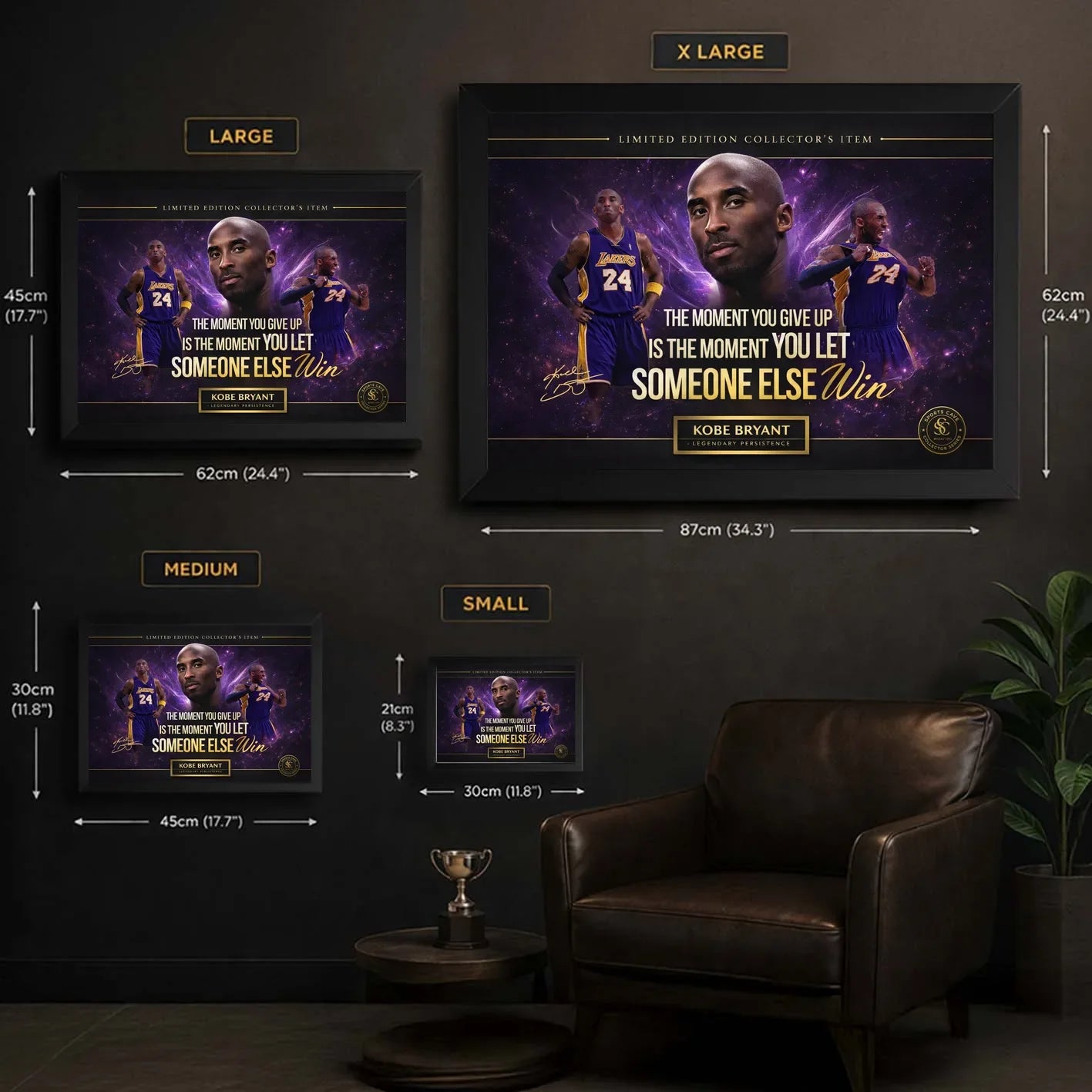 Kobe Bryant basketball wall art size guide showing Small, Medium, Large, and XL framed print dimensions.