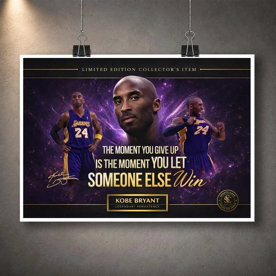 Unframed Kobe Bryant basketball art print hanging with clips, shown on a textured concrete wall.