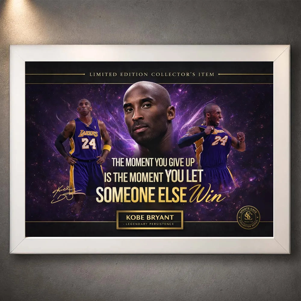 White framed Kobe Bryant basketball artwork on a concrete wall, showing the clean white frame option.