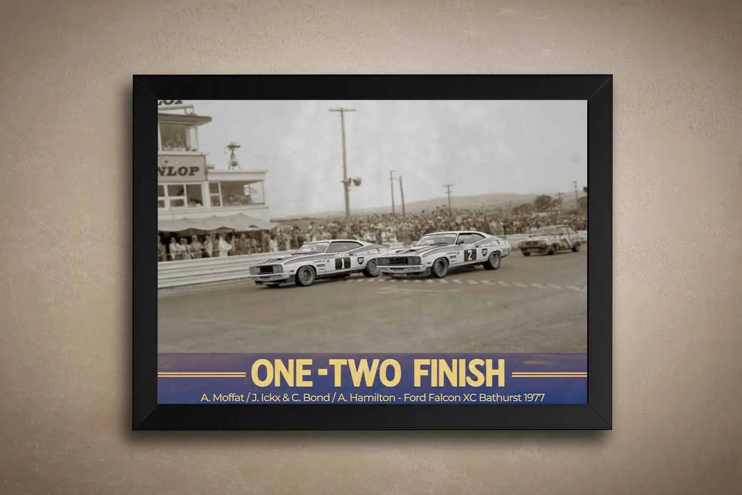 Framed Bathurst 1977 wall art featuring Allan Moffat and Colin Bond Ford Falcon XC one-two finish at Mount Panorama.