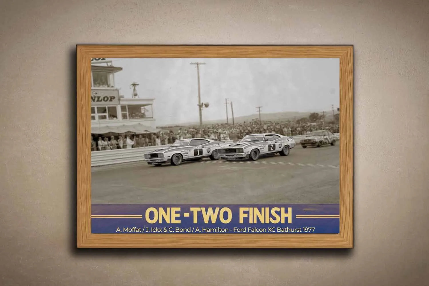 Oak framed Vintage Bathurst 1977 Ford Falcon XC One-Two Finish Art by Sports Cave.