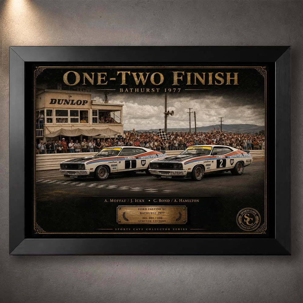 Black framed Bathurst 1977 One-Two Finish wall art celebrating the Ford Falcon XC finish for motorsport fans.
