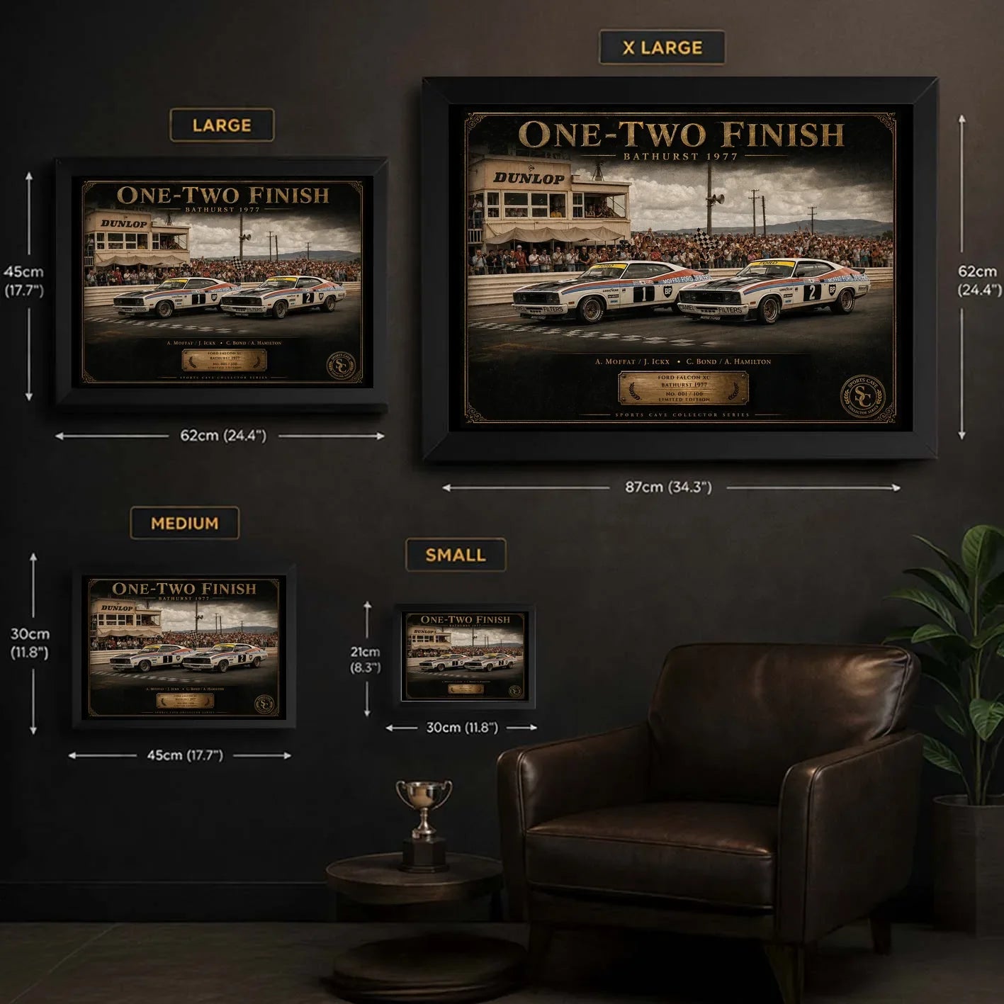 Bathurst 1977 One-Two Finish wall art size guide showing framed options for limited edition motorsport collectors.