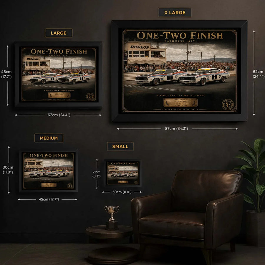 Bathurst 1977 One-Two Finish wall art size guide showing framed options for limited edition motorsport collectors.