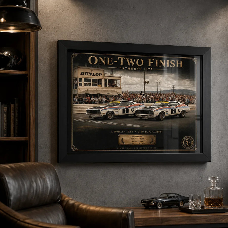 Bathurst 1977 One-Two Finish framed sports memorabilia styled in a dark man cave for true Australian touring car fans.