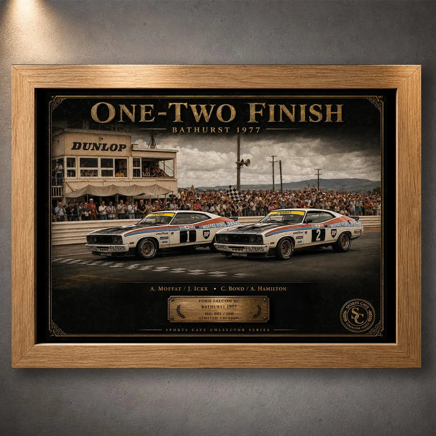 Oak framed Bathurst 1977 One-Two Finish wall art with collector styling for fans of Australian motor racing history.