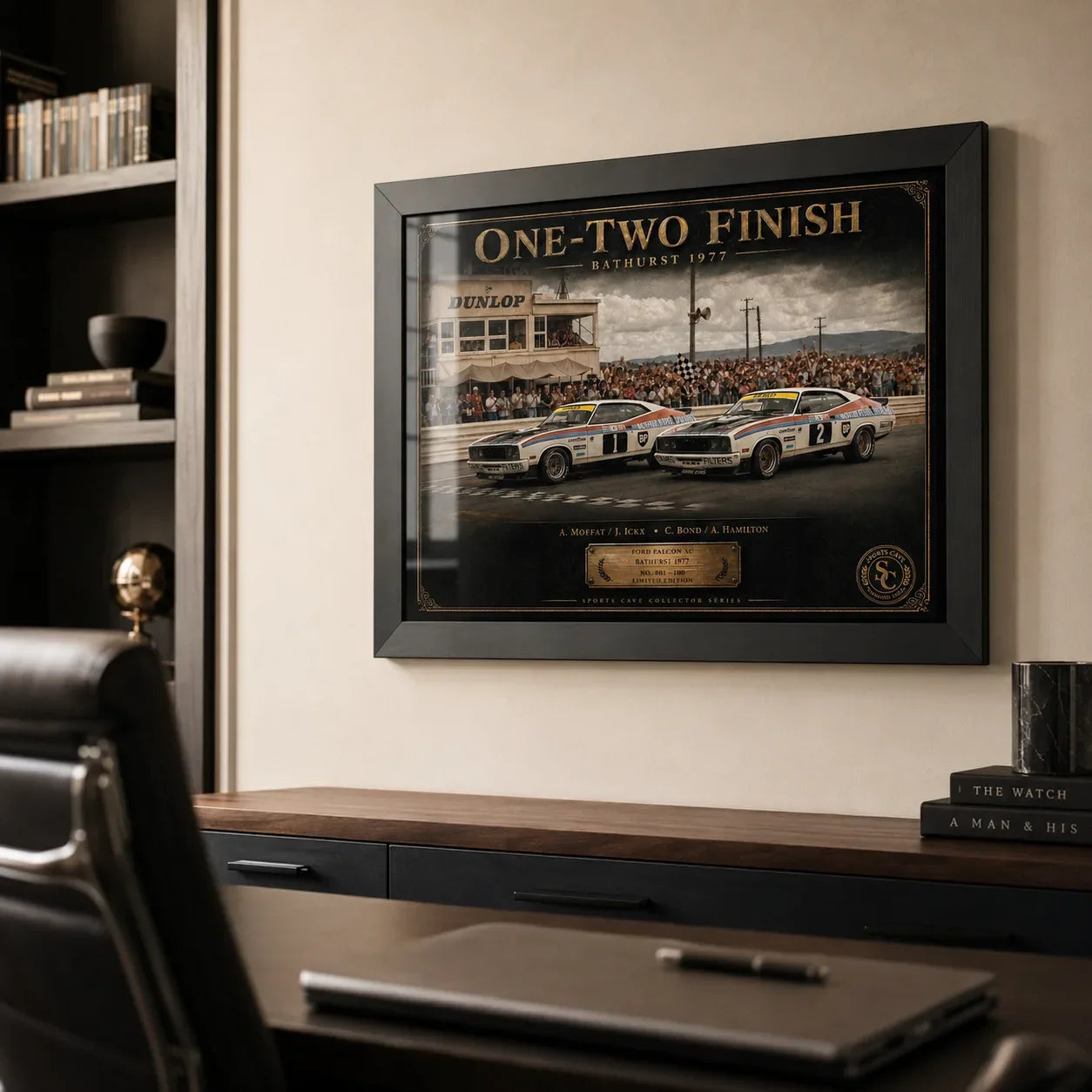 Bathurst 1977 One-Two Finish wall art shown in a premium office setting for Australian motorsport collectors and Ford fans.