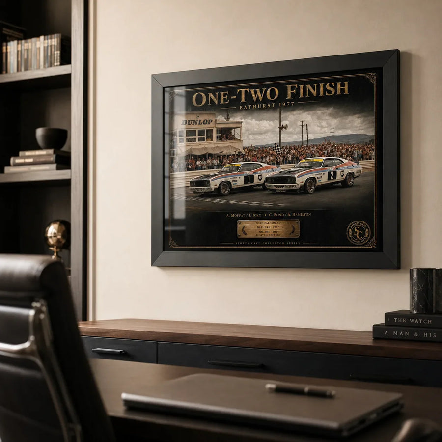 Bathurst 1977 One-Two Finish wall art shown in a premium office setting for Australian motorsport collectors and Ford fans.