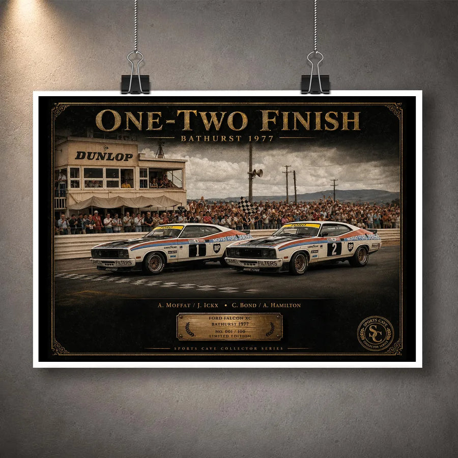 Unframed Bathurst 1977 One-Two Finish sports poster Australia design celebrating the Ford Falcon XC finish at Mount Panorama.