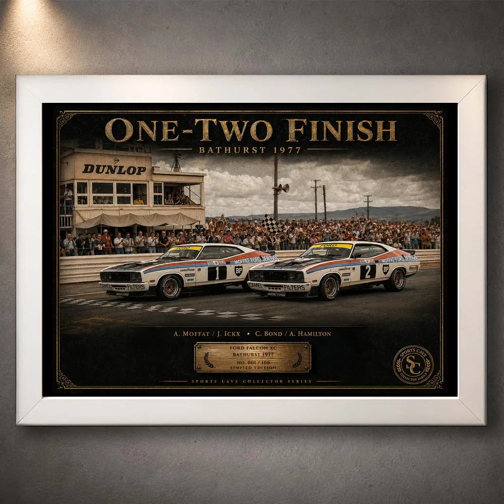 White framed Bathurst 1977 One-Two Finish wall art featuring the Ford Falcon XC finish for motorsport collectors.