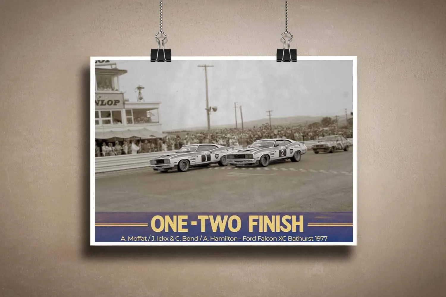 Vintage Bathurst Poster of 1977 Ford Falcon XC One-Two Finish Art by Sports Cave.