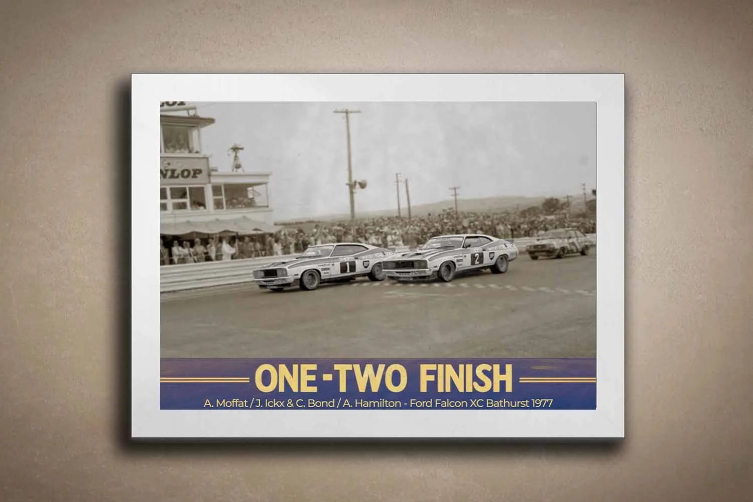 White-framed Bathurst 1977 One-Two Finish print featuring Moffat and Bond — iconic framed sports memorabilia for motorsport fans.