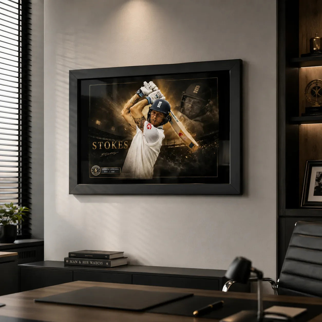 Ben Stokes limited edition cricket wall art in a refined home office, framed in black for a premium collector display.