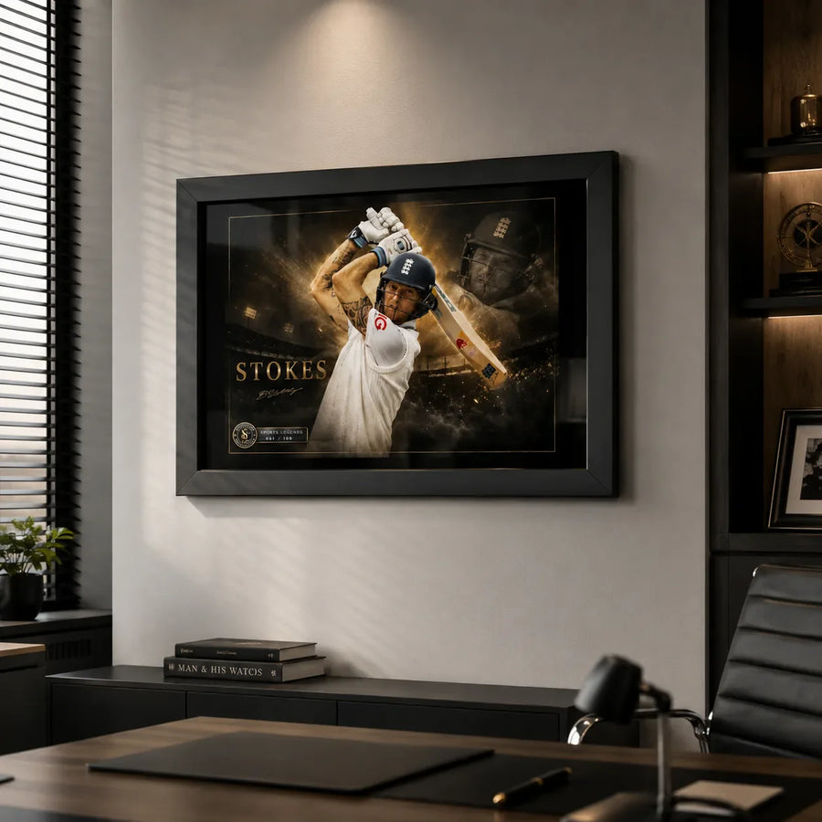 Ben Stokes limited edition cricket wall art in a refined home office, framed in black for a premium collector display.