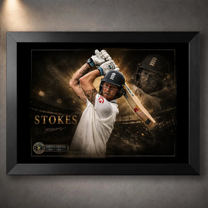 Ben Stokes Ashes masterclass in a premium black frame, limited edition cricket wall art for collectors and fan caves.