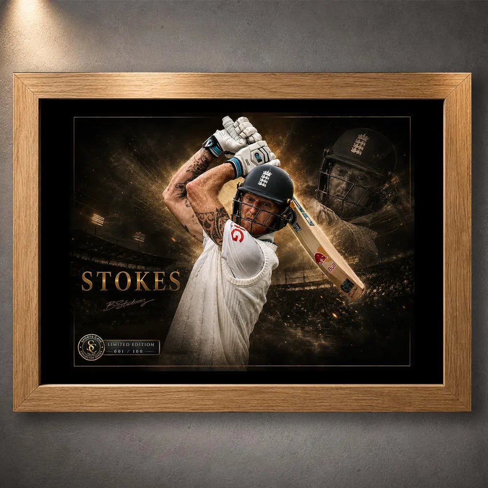 Ben Stokes Ashes masterclass artwork in a natural oak frame, premium cricket memorabilia for collectors and fans.
