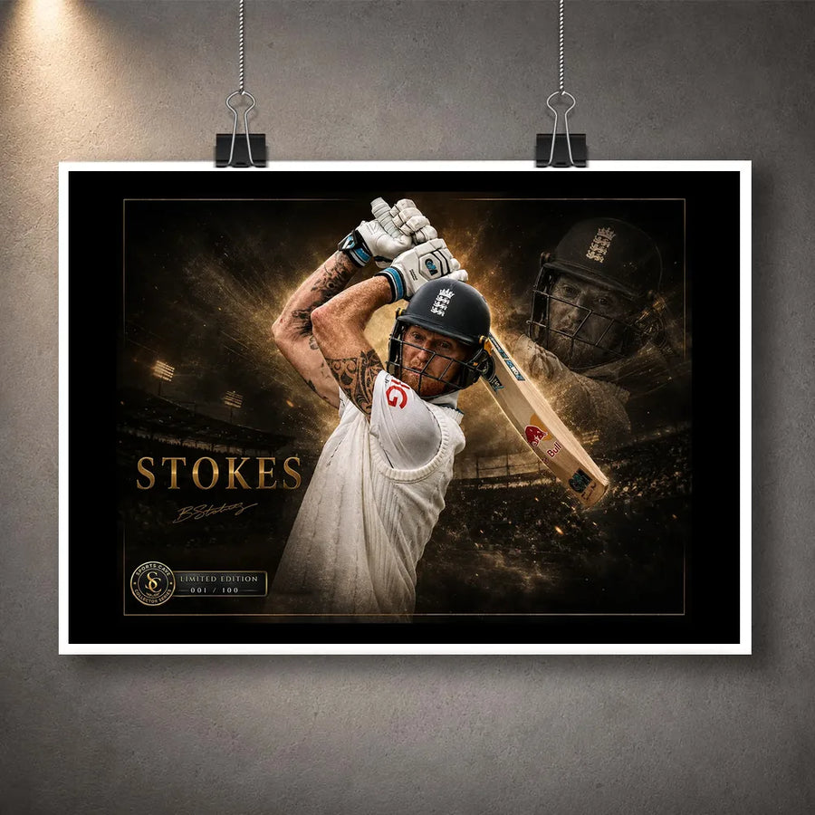Ben Stokes Ashes masterclass unframed cricket art print, a limited edition collector piece for passionate fans.