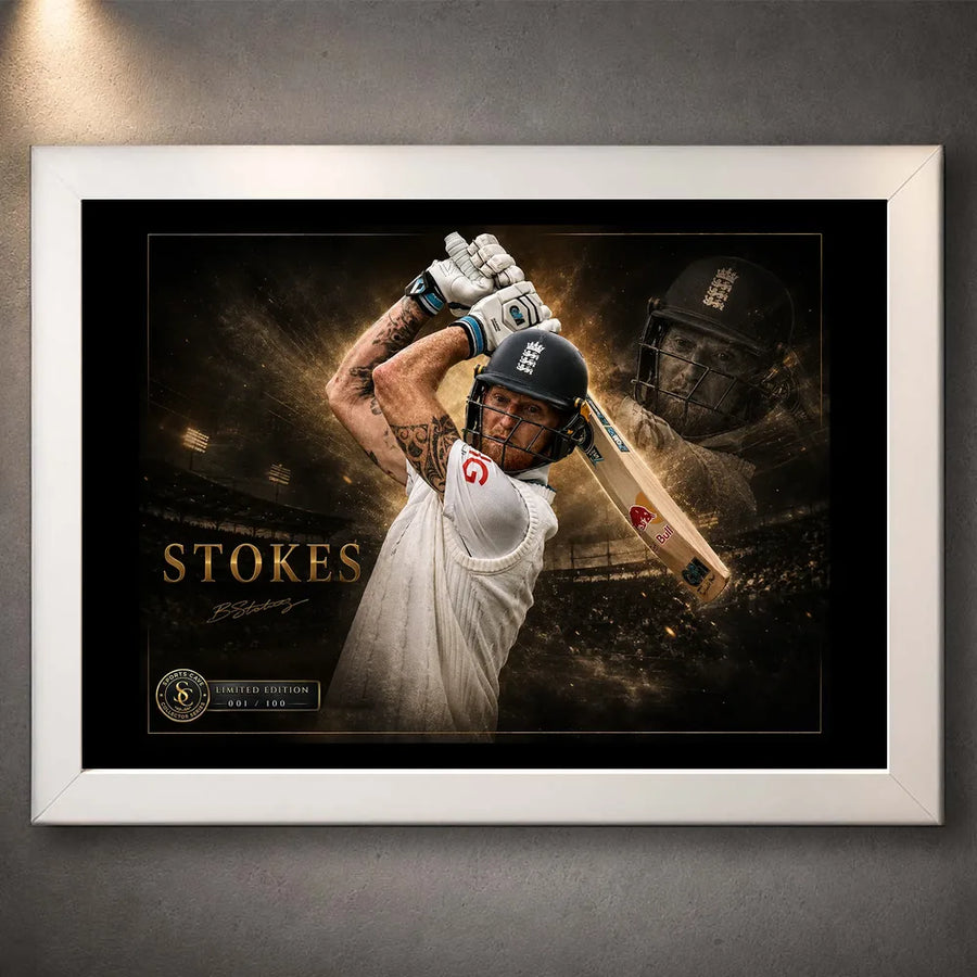 Ben Stokes Ashes masterclass artwork in a clean white frame, premium cricket wall art for modern fan spaces.