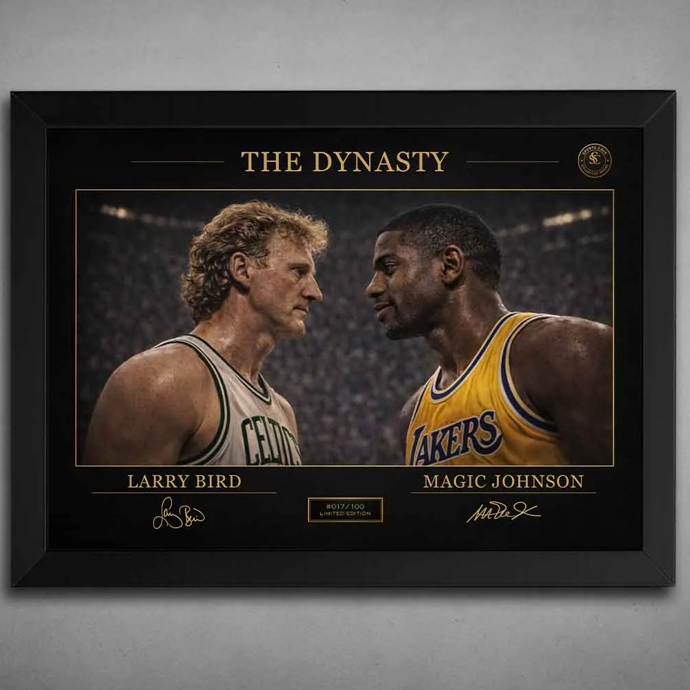 Black frame NBA rivalry poster of Larry Bird and Magic Johnson face-off, premium framed sports art with gold detailing