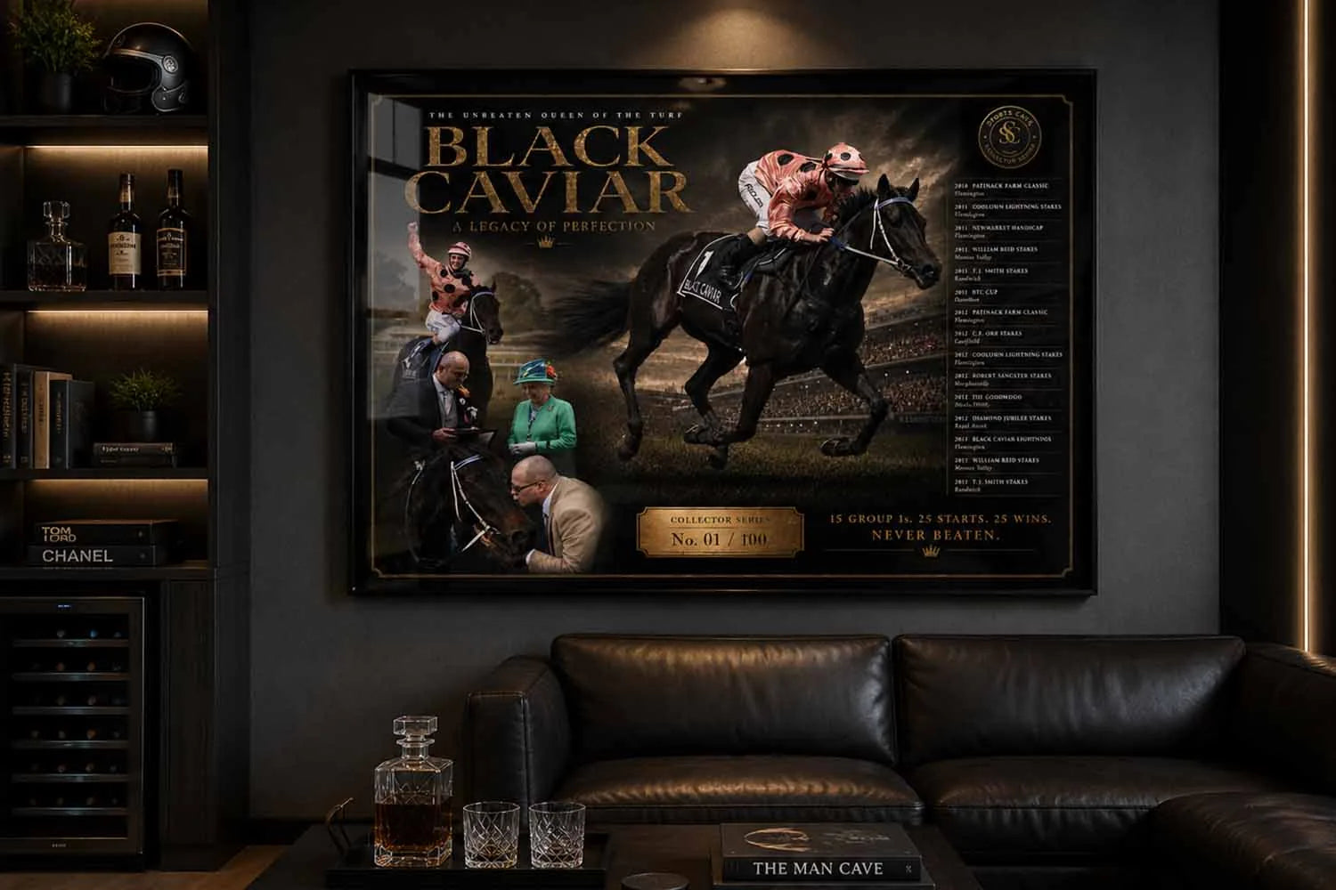Black Caviar man cave wall décor displayed in a luxury lounge with framed sports memorabilia styling.