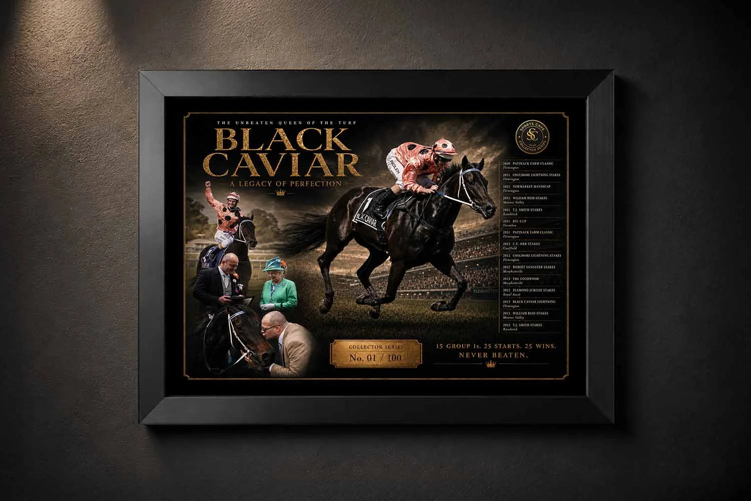Black Caviar framed sports wall art showcasing the unbeaten racehorse in a premium black collector frame.