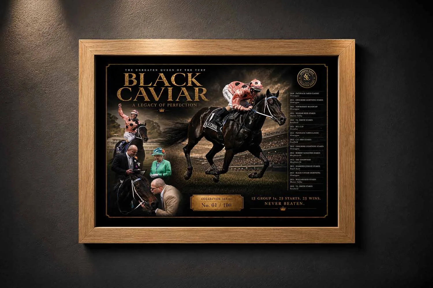 Black Caviar framed sports collectibles presented in an elegant oak timber frame with luxury detailing.