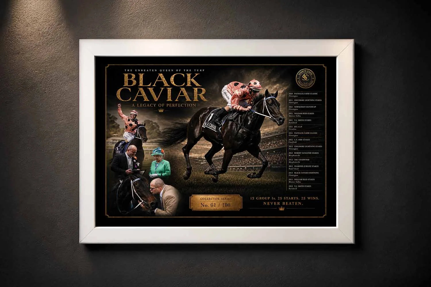 Black Caviar premium sports collectibles displayed in a clean white frame with luxury gallery styling.