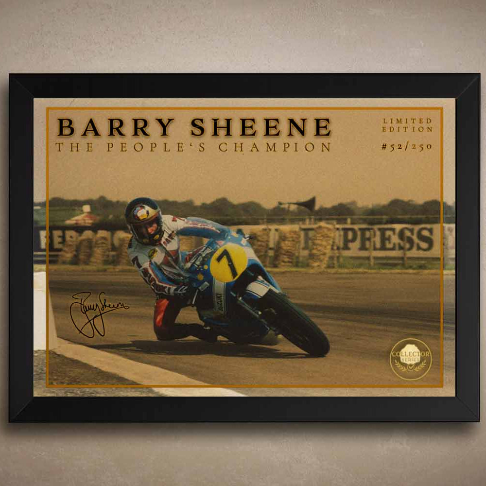 Limited edition framed sports art of Barry Sheene mid-turn—vintage racing wall print perfect for man cave wall art and motorsport collectors.